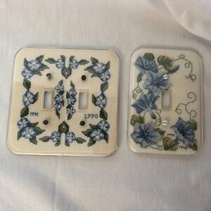 Vtg Finished Cross Stitch Single Toggle Light Switch Cover Floral Completed 1990